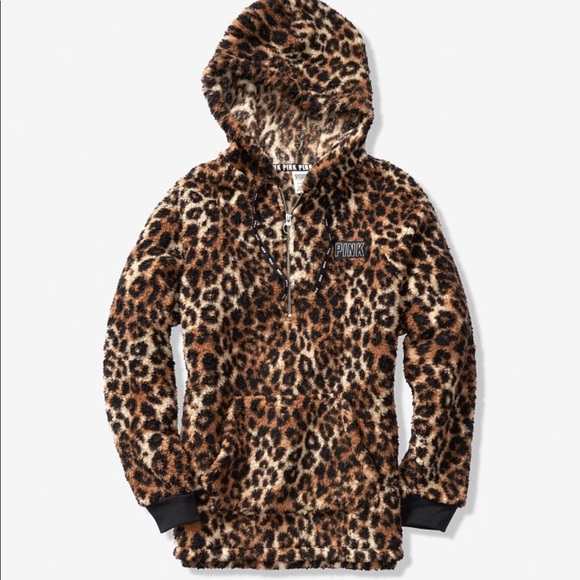 PINK Leopard Sherpa Half Zip Hoodie - Picture 2 of 4